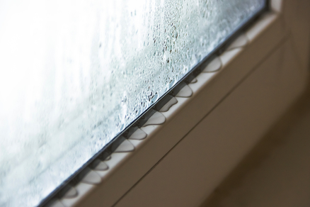 Interior window condensation condensation collecting along the bottom of the window glass an on the top of the window frame. 